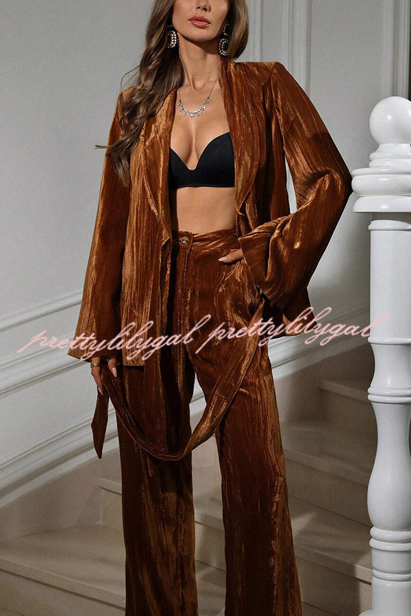 Solid Color Velvet Pleated Long-sleeved Tie Top and Casual Pocket Straight-leg Pants Set