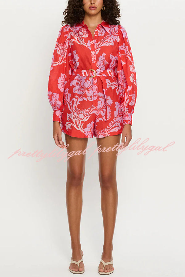 Linen Blend Botanical Print Lapel Puff Sleeve Loose Tie Casual Rompers