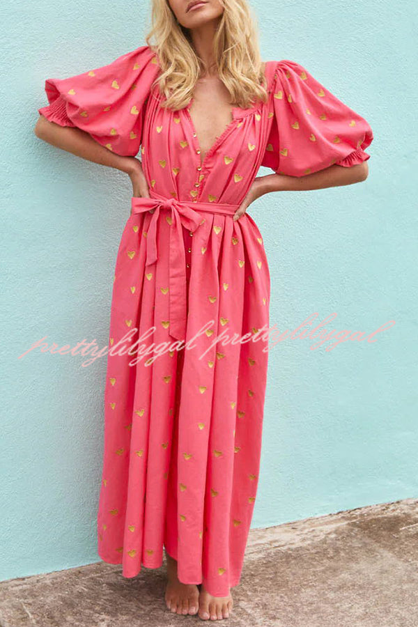 Valentine's Day Gold Heart Print Puff Sleeve Button Pocketed Loose Maxi Dress