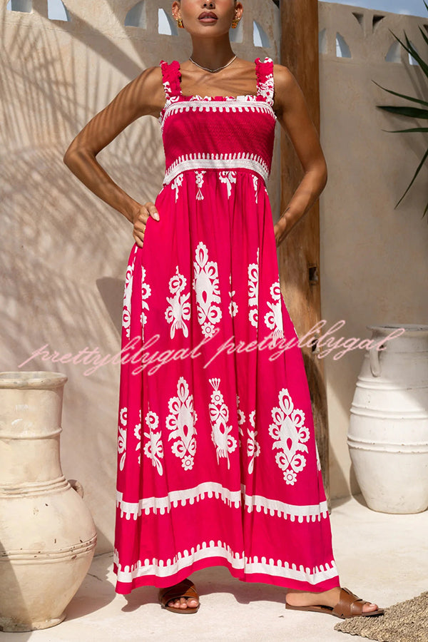 National Boho Style Unique Print Smocked Bust Wide Strap Pocket Maxi Dress