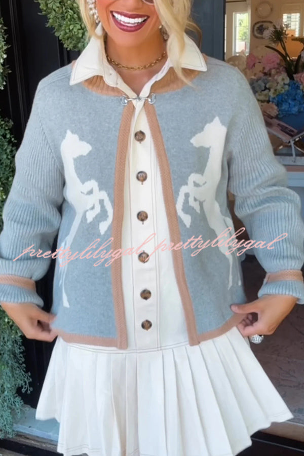 Stylish White Horse Pattern Casual Long-sleeved Knitted Cardigan
