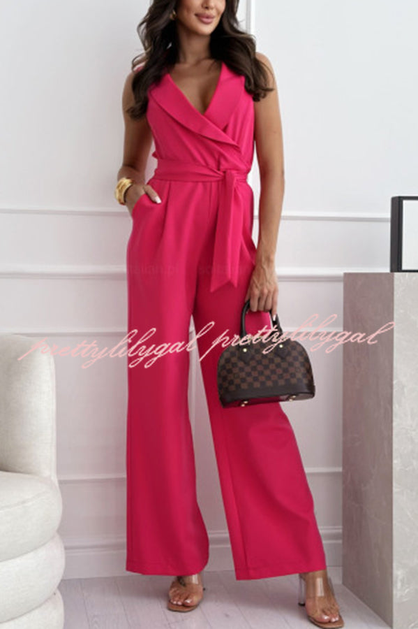 Make Your Entrance Lapel Belt Pocketed Wide Leg Formal Jumpsuit