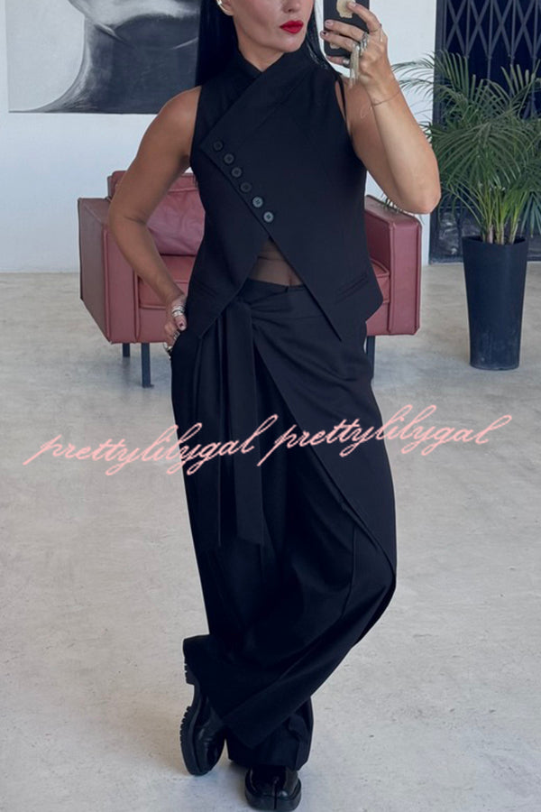 Urban Charm High Stand-up Collar Oblique Buckle Design Sleeveless Vest
