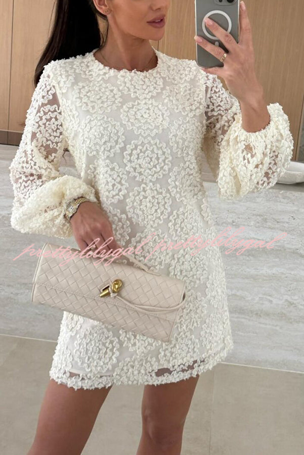 Love Note Lace Texture Fabric Balloon Sleeves Loose Mini Dress