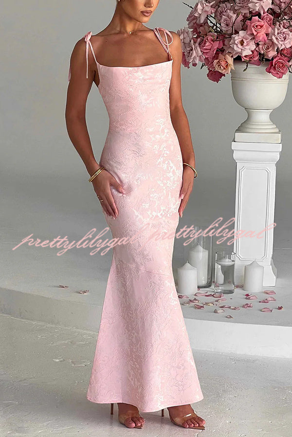 Jacquard Fabric Elegant Suspender Tie Slim Fishtail Maxi Dress