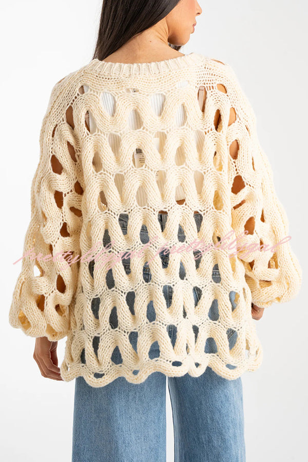 Solid Color Casual Hollow Long-sleeved Holiday Knitted Sweater