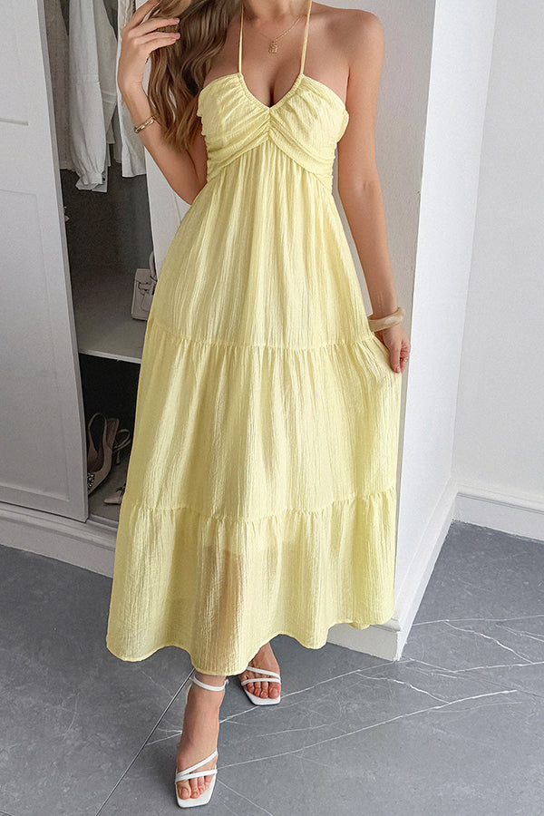 Solid Color Halterneck Tie Casual Holiday Style Maxi Dress