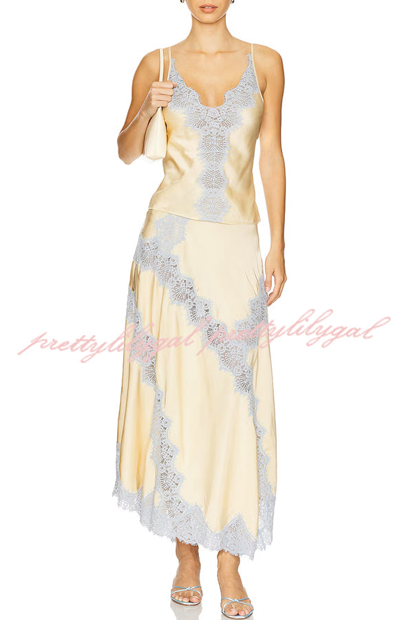 Wine Tasting Contrast Color Satin Lace Trim Irregular Hem Drape Midi Skirt