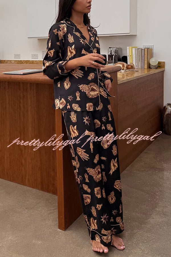 Golden Night Unique Print Color-block Trim Loose Shirt and Elastic Waist Pocketed Pajama Set
