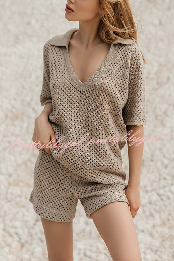 Fashion Hollow V-neck Short-sleeved Top and Elastic Waist Casual Shorts Set