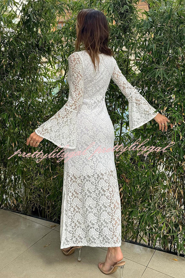 Luxe Lifestyle Lace Square Neck Bell Sleeve Lined Slit Midi Dress