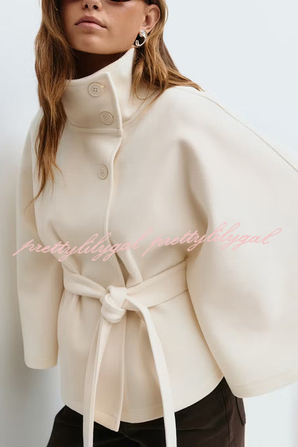 Fashionable Stand Collar Button Waist Tie Loose Cape