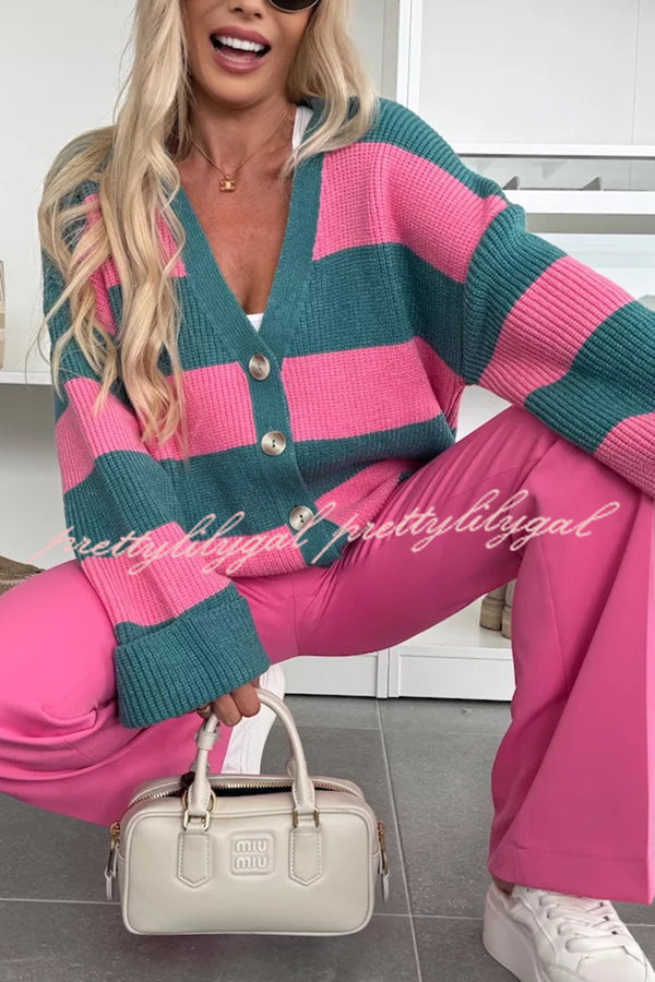 Fashion Contrast Striped Casual V-neck Long-sleeved Knitted Cardigan
