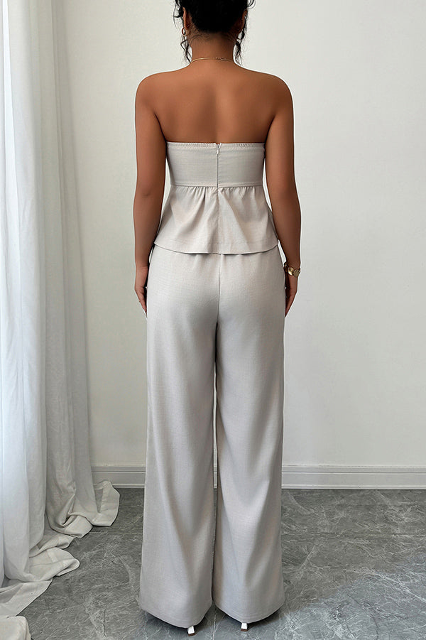 Solid Color Off-shoulder Backless Tube Top and Casual Pocket Straight Pants Set