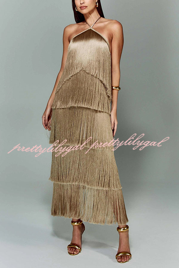 Sexy Halterneck Backless Elegant Fringe Maxi Dress