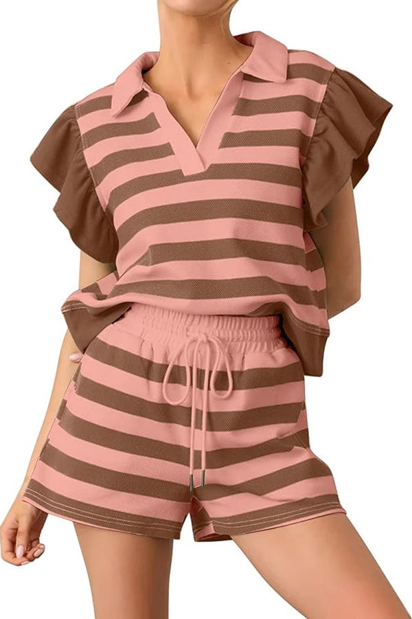 Striped Print Ruffle Sleeve Loose Top and Elastic Waist Tie Casual Pocket Shorts Set