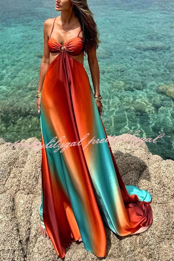 Neon Sunset Printed Metal Decoration Cutout Back Tie-up Vacation Maxi Dress