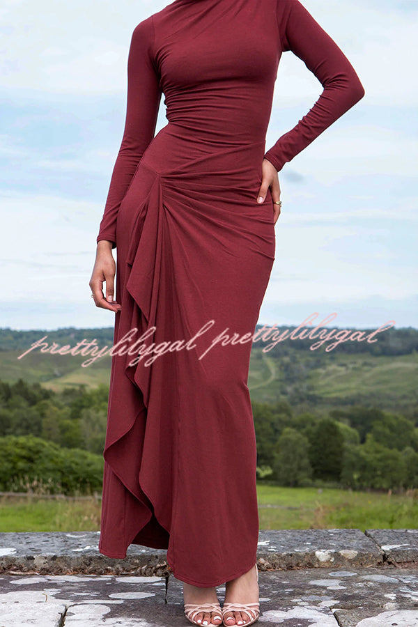 Venus Long Sleeve Ruched Side Slit Drape Ruffles Back Lace-up Stretch Maxi Dress