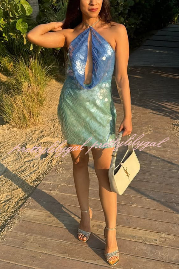 Fashion Sexy Sequined Backless Halter Neck Slim Fit Mini Dress