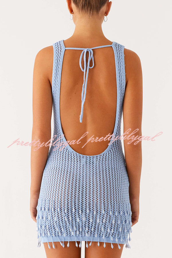 Fashion Knit Hollow Beaded Tassel Embellished Sleeveless Slim Mini Dress