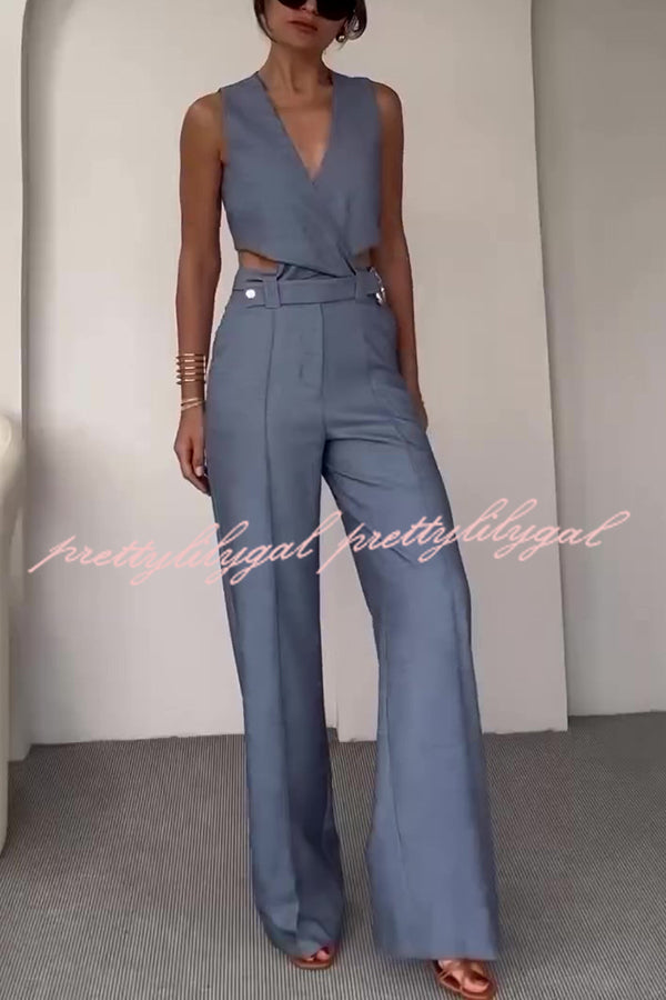 Crossover Slim Fit Sleeveless Vest and High Waisted Wide Leg Pants Set