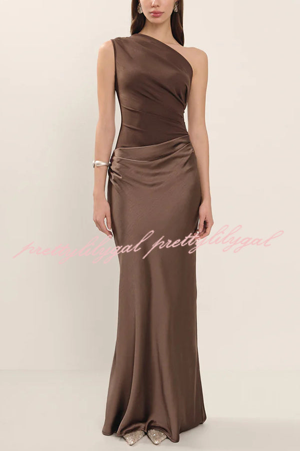 Kaia Satin Contrast Fabric Patchwork One Shoulder Ruched Maxi Dress
