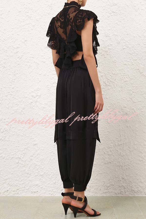 Esella Satin Gathered Waist Pocket Button Ankle Cuffs Harem Pant