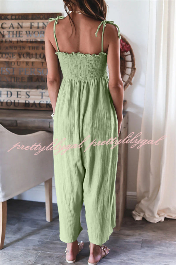 Elegant Solid Color High Waist Linen Blend Suspender Pleated Jumpsuit