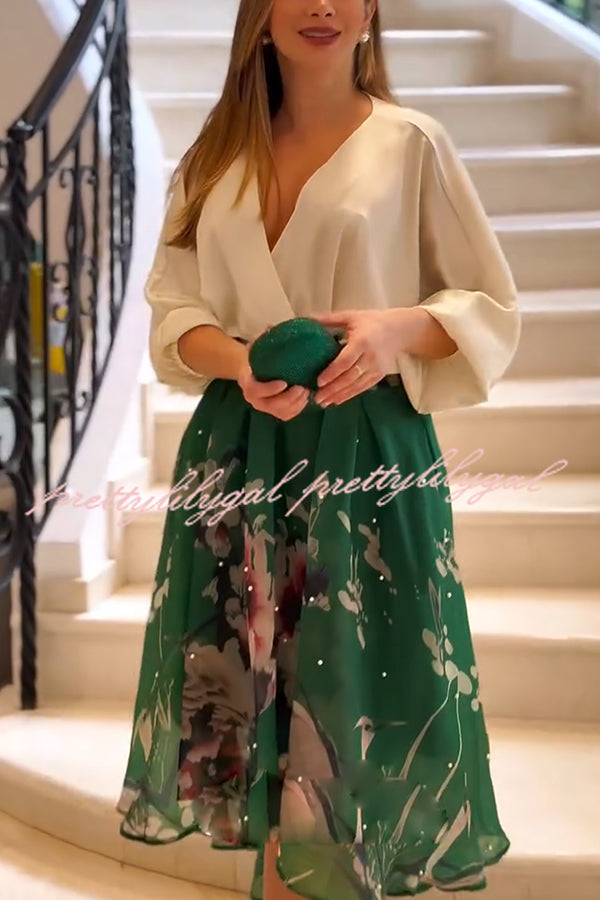 Tessy Batwing Sleeve Top and Floral Elastic Waist Pearls Detail High Low Midi Skirt Set