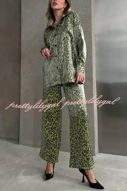 Leopard Print Long-sleeved Casual Top and Loose Elastic Waist Tie Pants Set