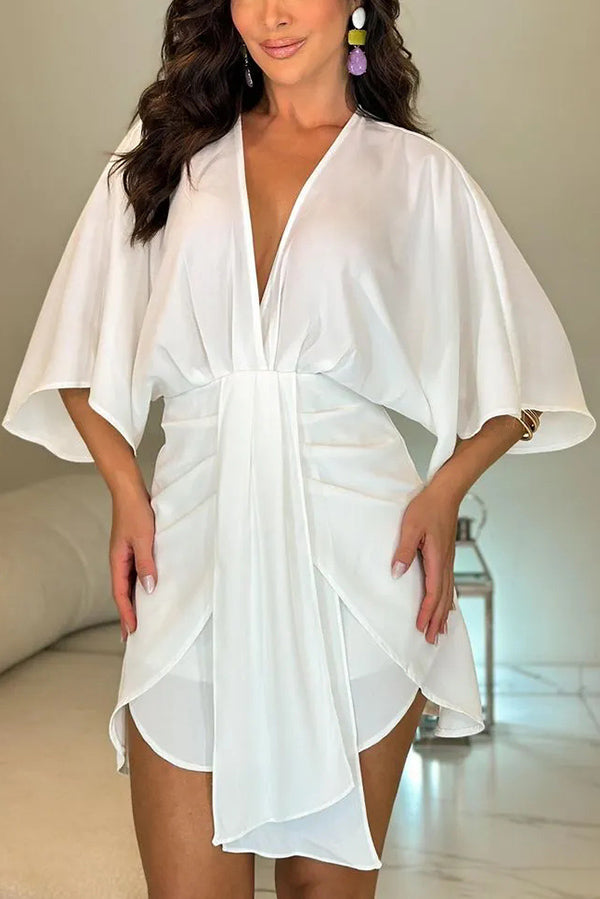 Solid Color V-Neck Half Sleeve Casual Irregular Mini Dress