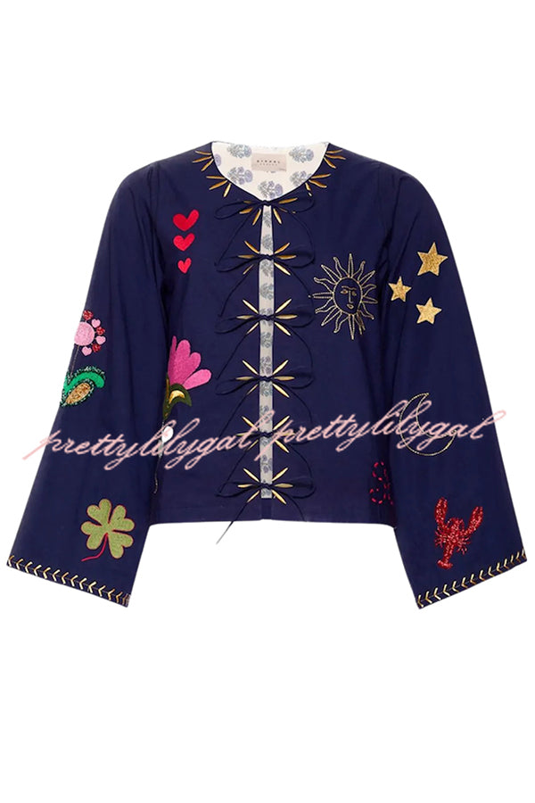 Fashionable Embroidered Lace-up Long-sleeved Loose Top