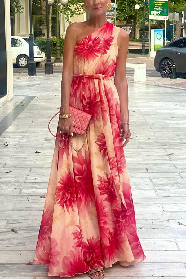 Floral Print One Shoulder Waist Tie Full Hem Resort Style Maxi Dress