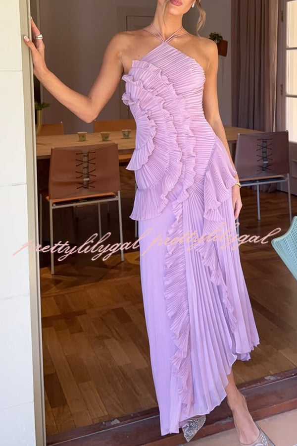 Dream Ode Lily Pad Style Pleats and Ruffles Halter Gown Maxi Dress