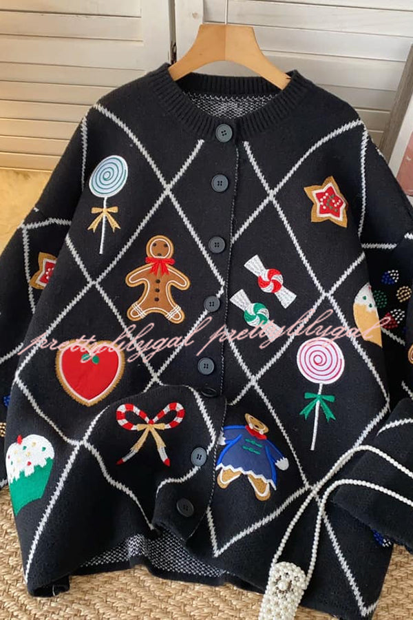 Argyle Candy Gingerbread Man Embroidered Button-knit Cardigan