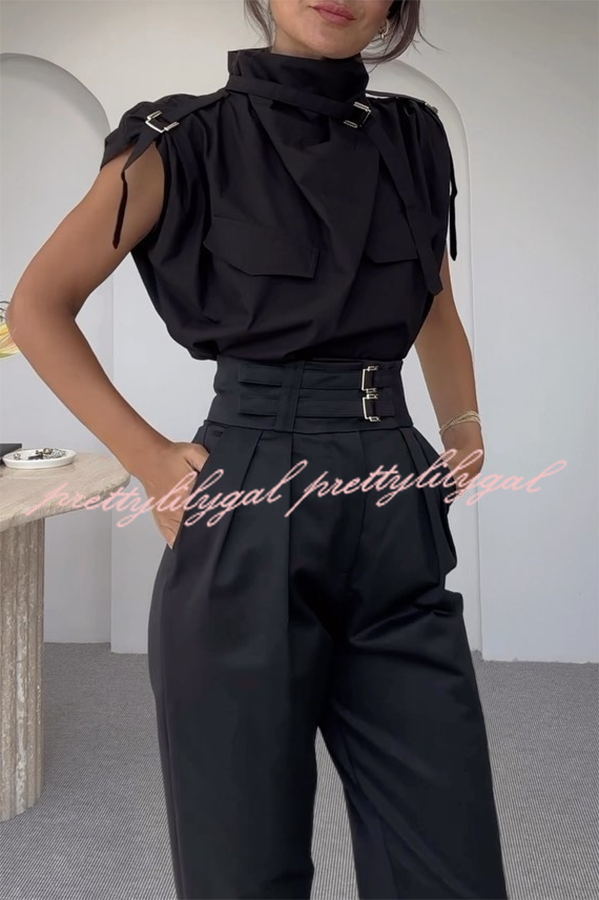 Statement Breast Pocket High Neck Top and Side Pocket Belt Long Pant Set