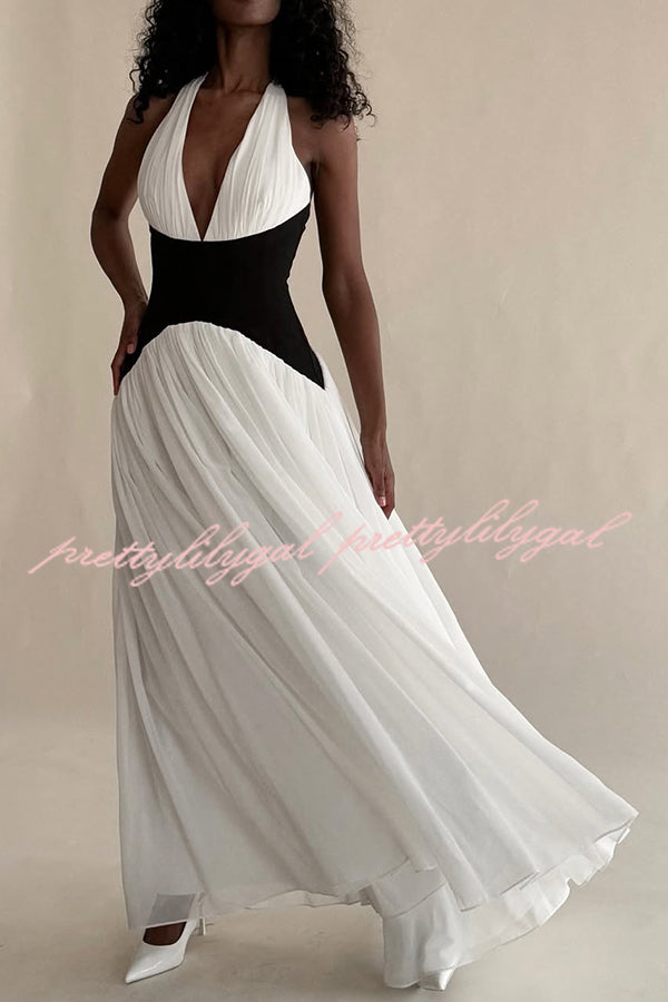 Fashionable Color Matching Sexy Halter Neck Waist Maxi Dress