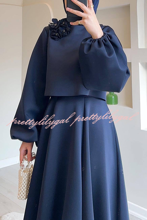 Solid Color Flower-embellished Lantern Sleeve Loose Top and Casual Maxi Skirt Set