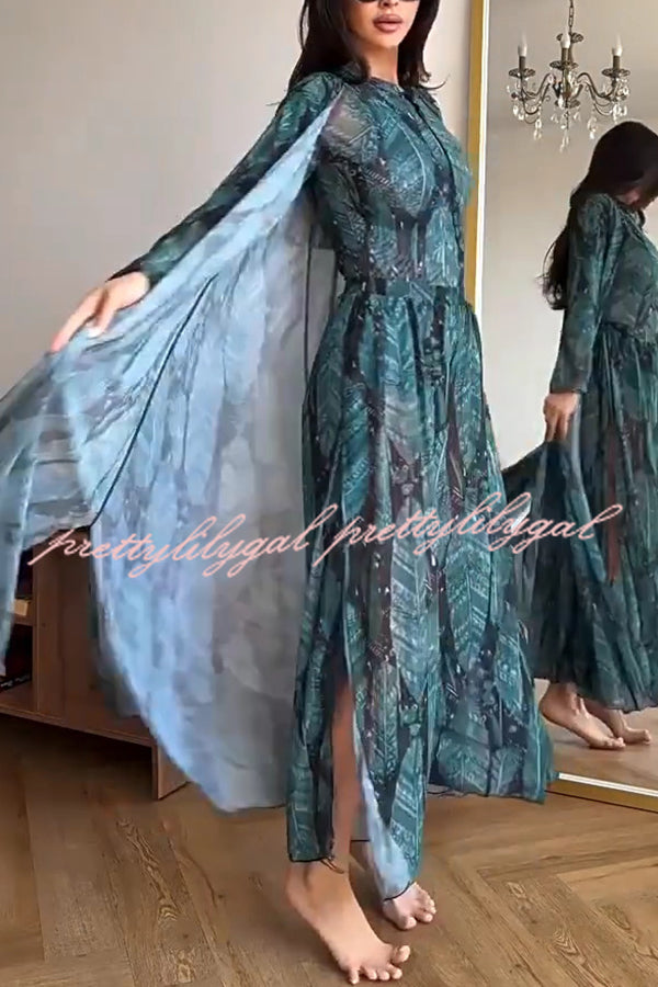 Unique Print One-piece Swimsuit and Cardigan and High Rise Pants Three-piece Set