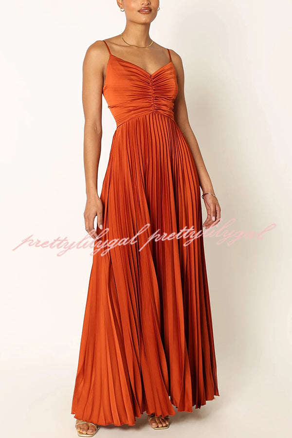 Catch The Light Satin Pleated V-neck Slip Maxi Dress