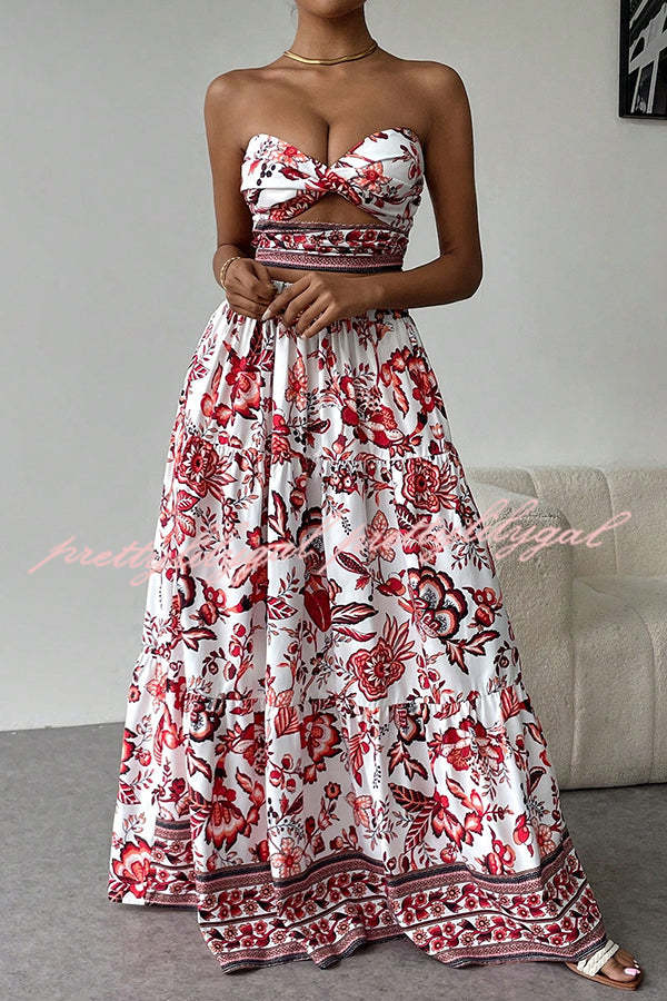 Floral Print Cutout Bandeau Top and Elastic Waist Full Maxi Skirt Set