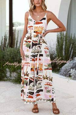 Unique Beach Vacation Print V-neck Suspenders Casual Wide-leg Jumpsuit