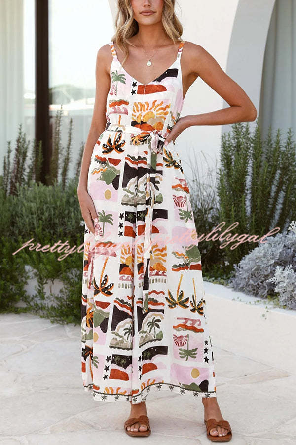 Unique Beach Vacation Print V-neck Suspenders Casual Wide-leg Jumpsuit