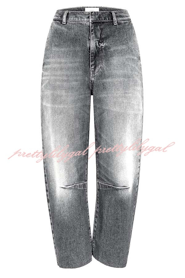 Casual Meetup Washed Denim Mid Rise Pocketed Barrel Jeans