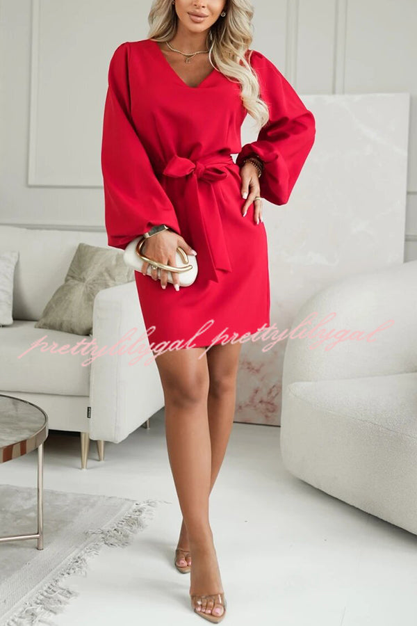 Holiday Gatherings V-neck Long Balloon Sleeve Tie-up Waist Loose Mini Dress