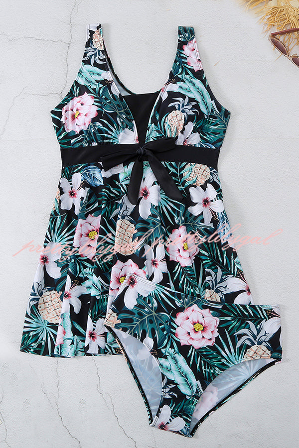 Cheerful Floral Print Bow Detail Tankini Swimsuit Set