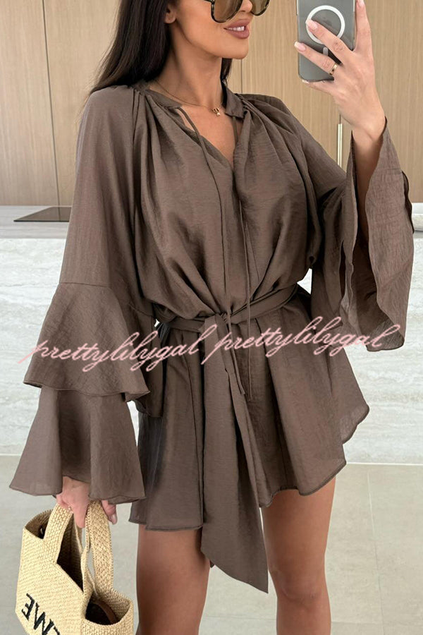 Solid Color V-neck Ruffled Long Sleeve Waist Tie Mini Dress