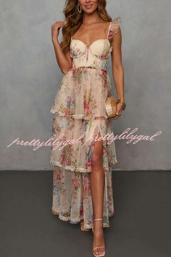 Romantic and Elegant Mesh Floral Back Smocked Tiered Ruffle Maxi Dress