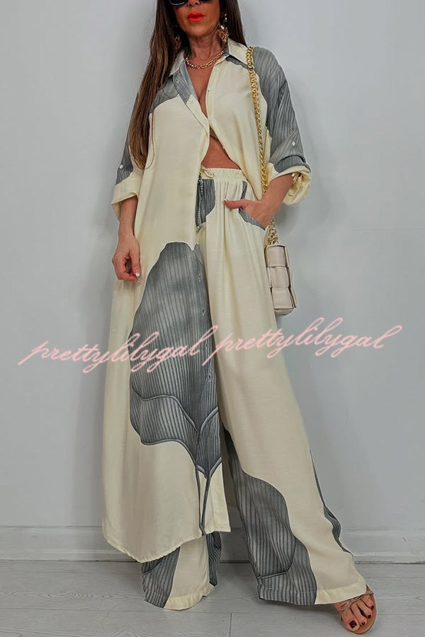 Unique Printed Casual Loose Long Shirt and Elastic Waist Pocket Wide Leg Pants Set