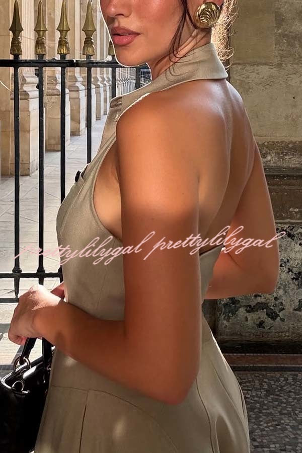 Charmed To Meet You Button Up Belted Pocket Halter Shirt Flare Midi Dress